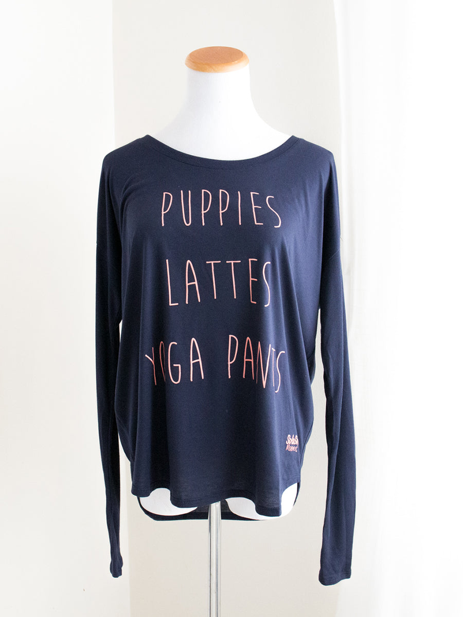 Graphic Flowy Long Sleeve "Puppies. Lattes. Yoga Pants" Navy