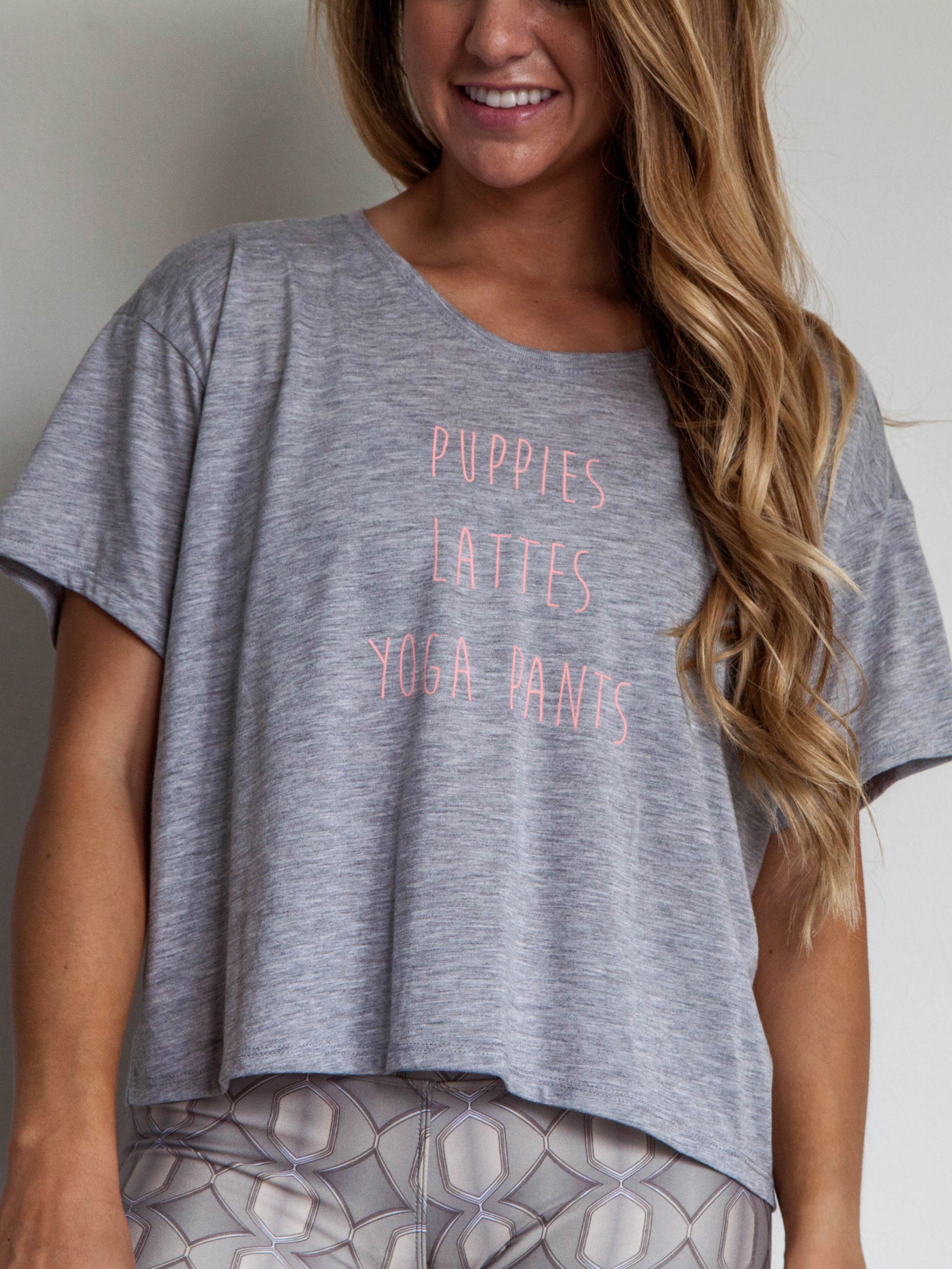 Graphic Tee "Puppies. Lattes. Yoga Pants." Heather Grey