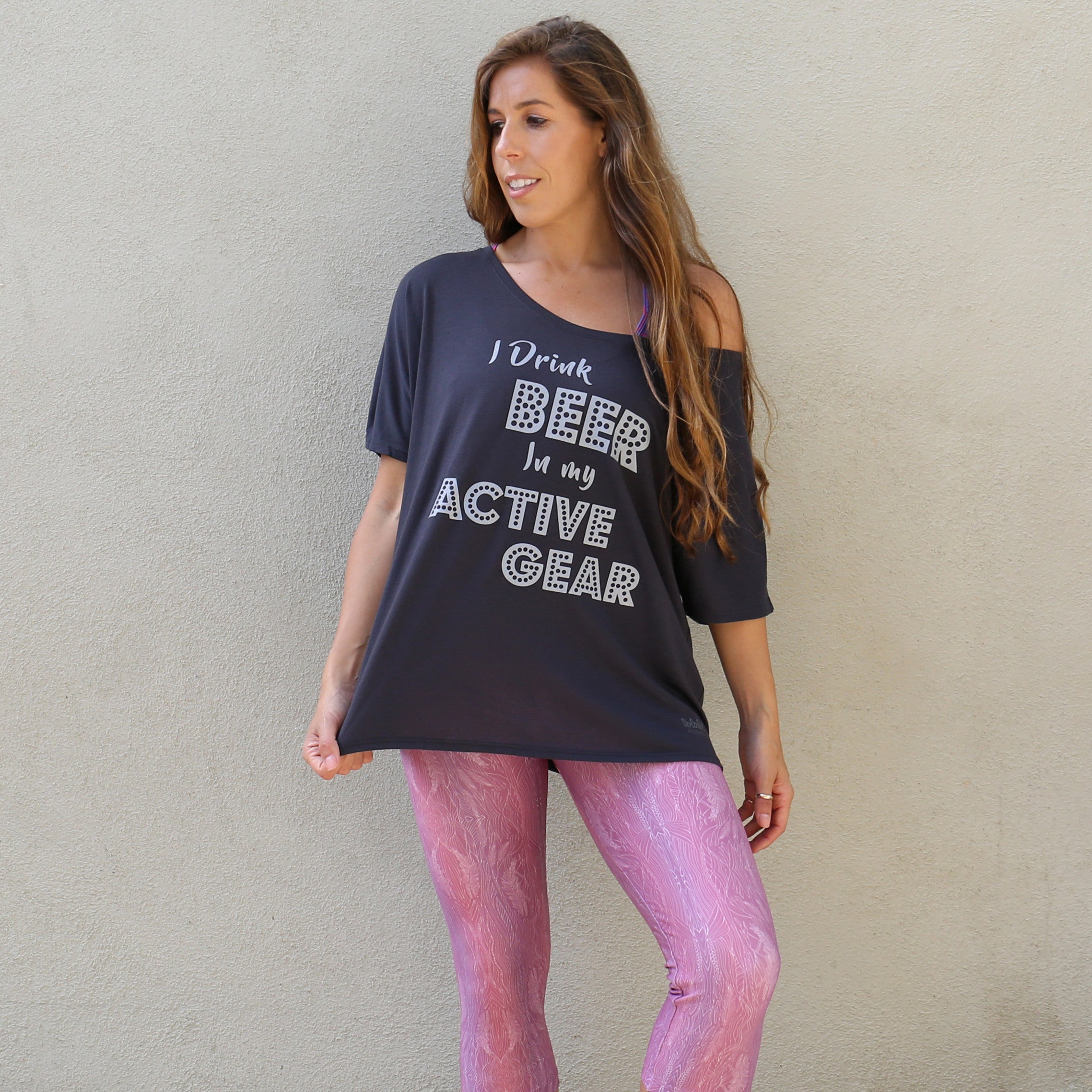 Graphic Slouchy Tee "I Drink Beer in My Active Gear" Charcoal Grey